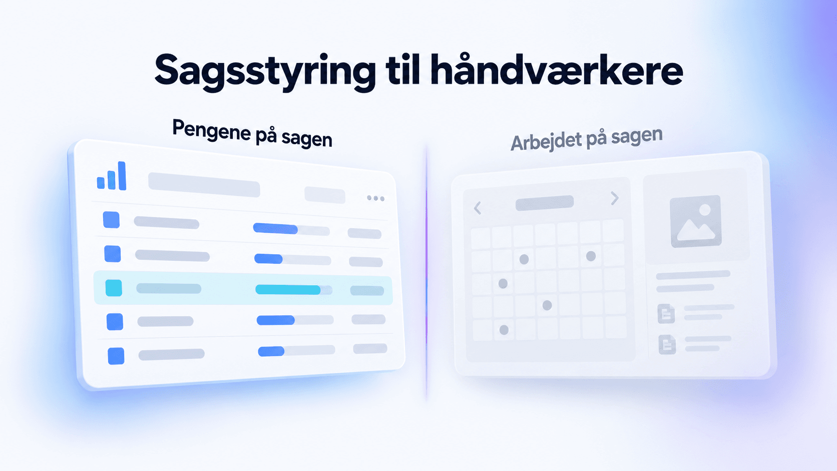 To kort side om side under overskriften Sagsstyring til håndværkere. Til venstre et fremhævet økonomiskema med teksten Pengene på sagen, til højre et udvisket kort med kalender og fotoikon og teksten Arbejdet på sagen.
